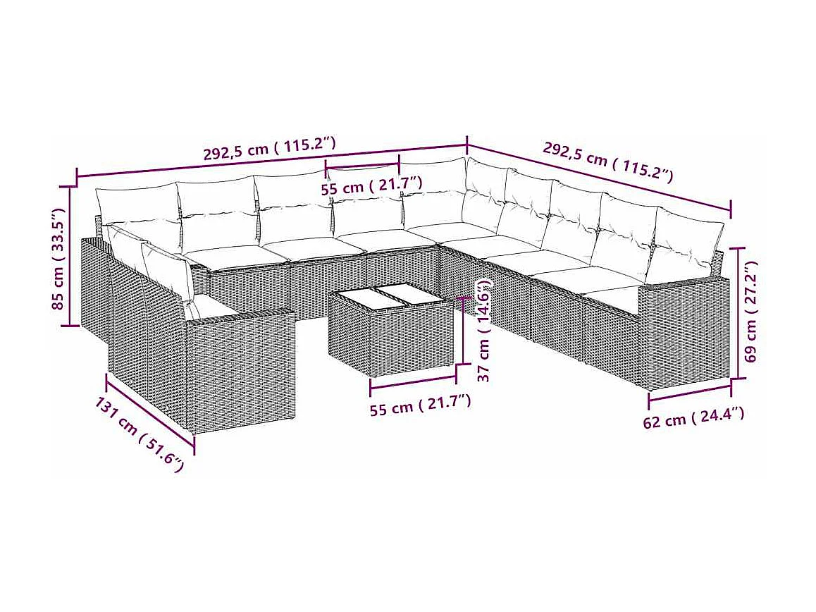 12-delige Loungeset met kussens poly rattan lichtgrijs