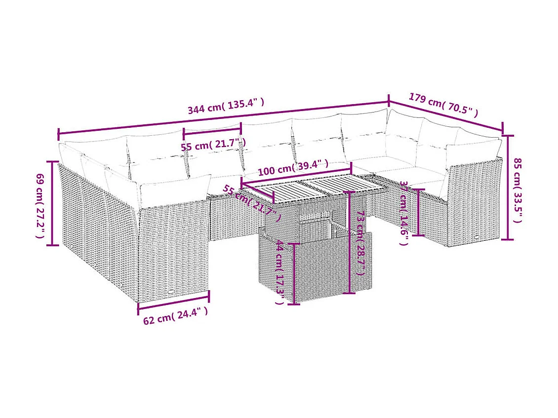 Salon de jardin 11 pièces avec coussins beige résine tressée