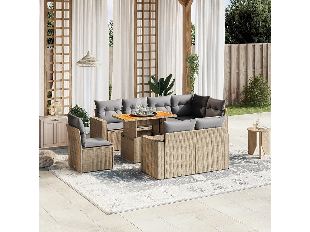 9 peças conjunto de sofás para jardim com almofadões vime PE bege