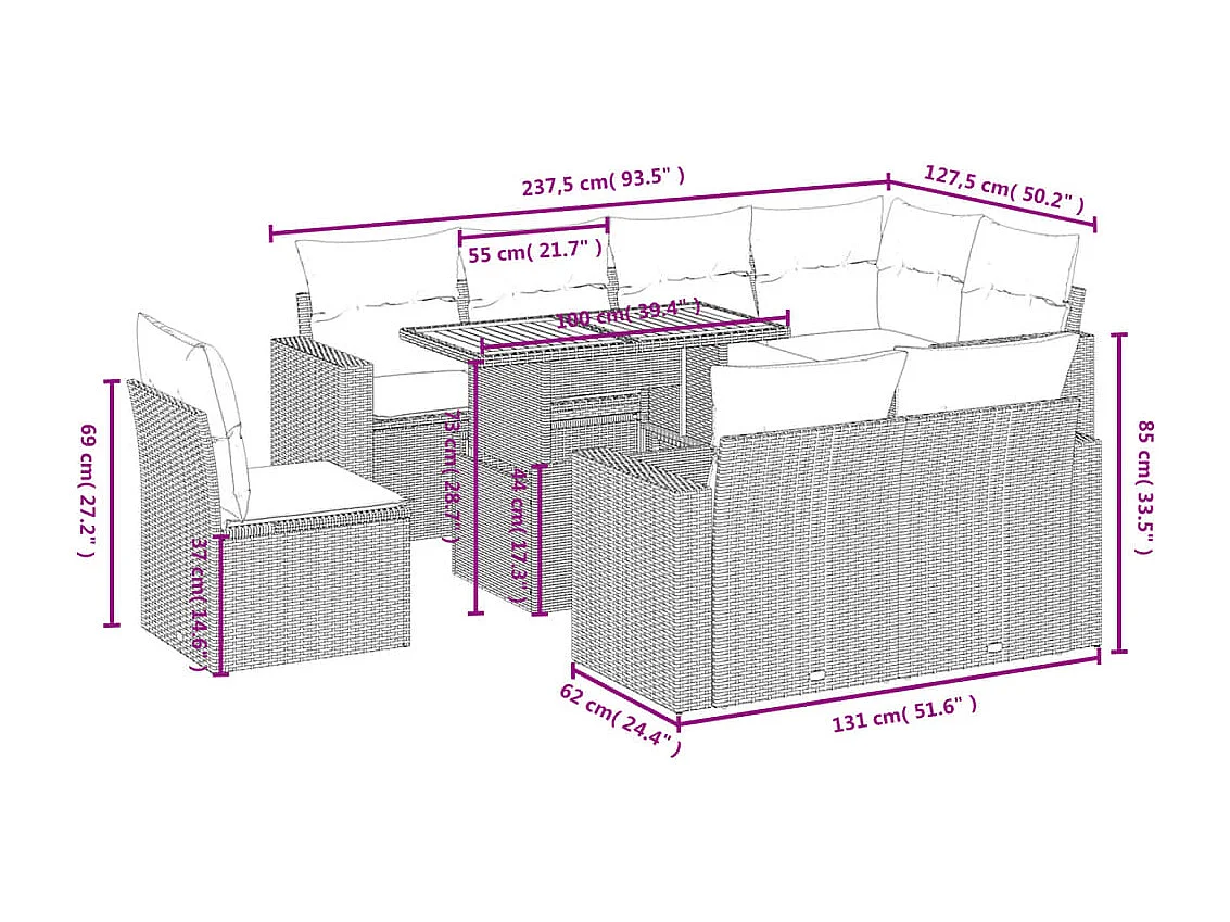 9 peças conjunto de sofás para jardim com almofadões vime PE bege