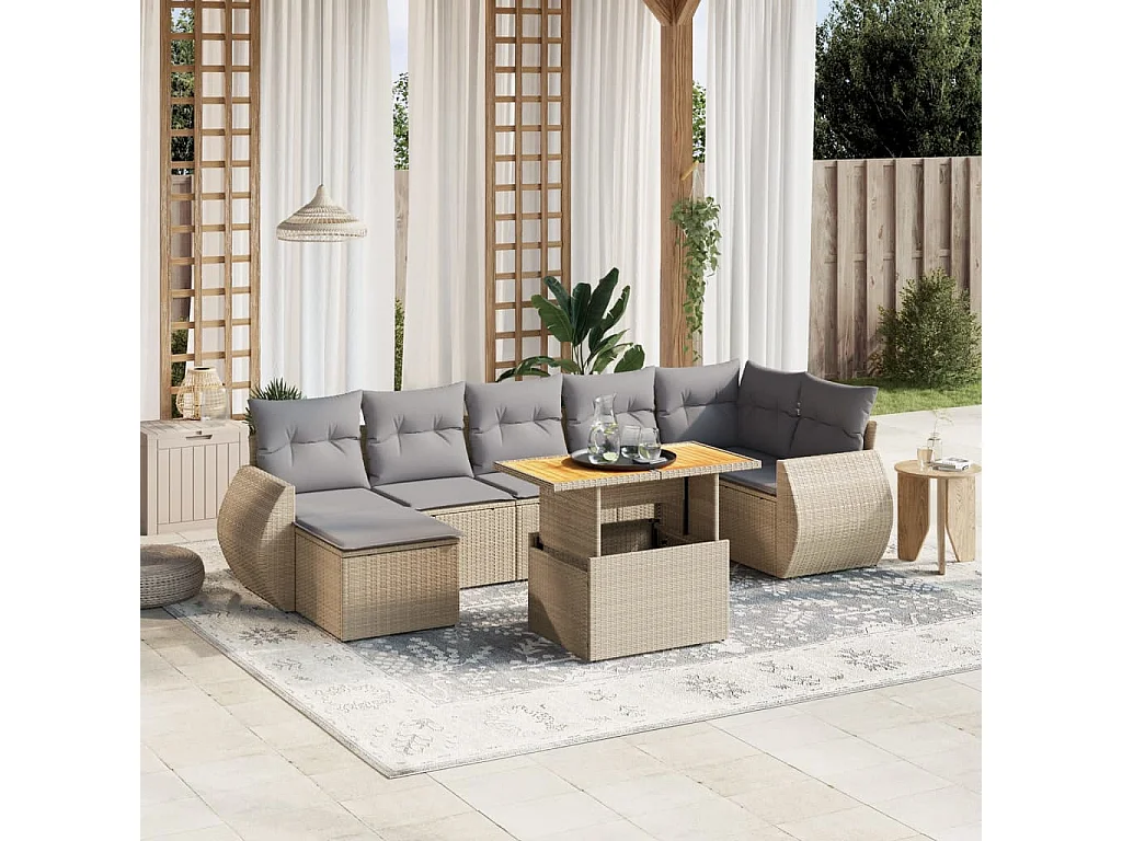 Salon de jardin avec coussins 8 pièces beige résine tressée