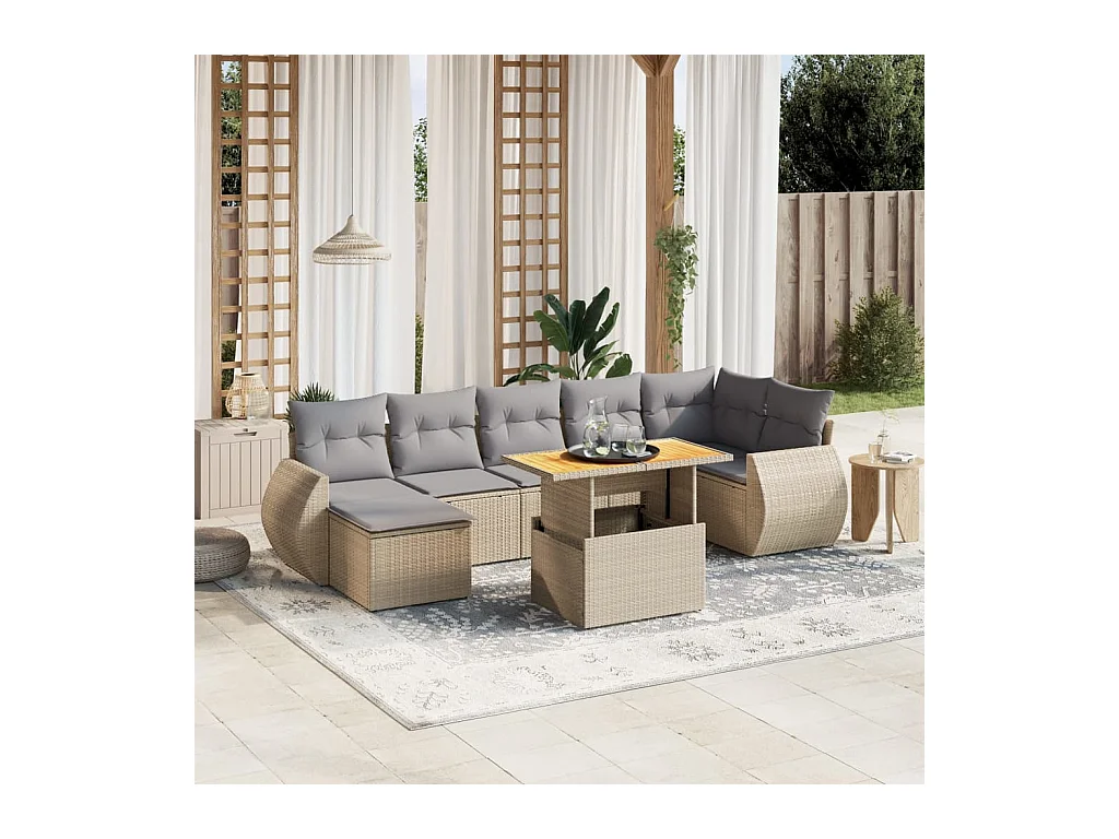 Salon de jardin avec coussins 8 pièces beige résine tressée