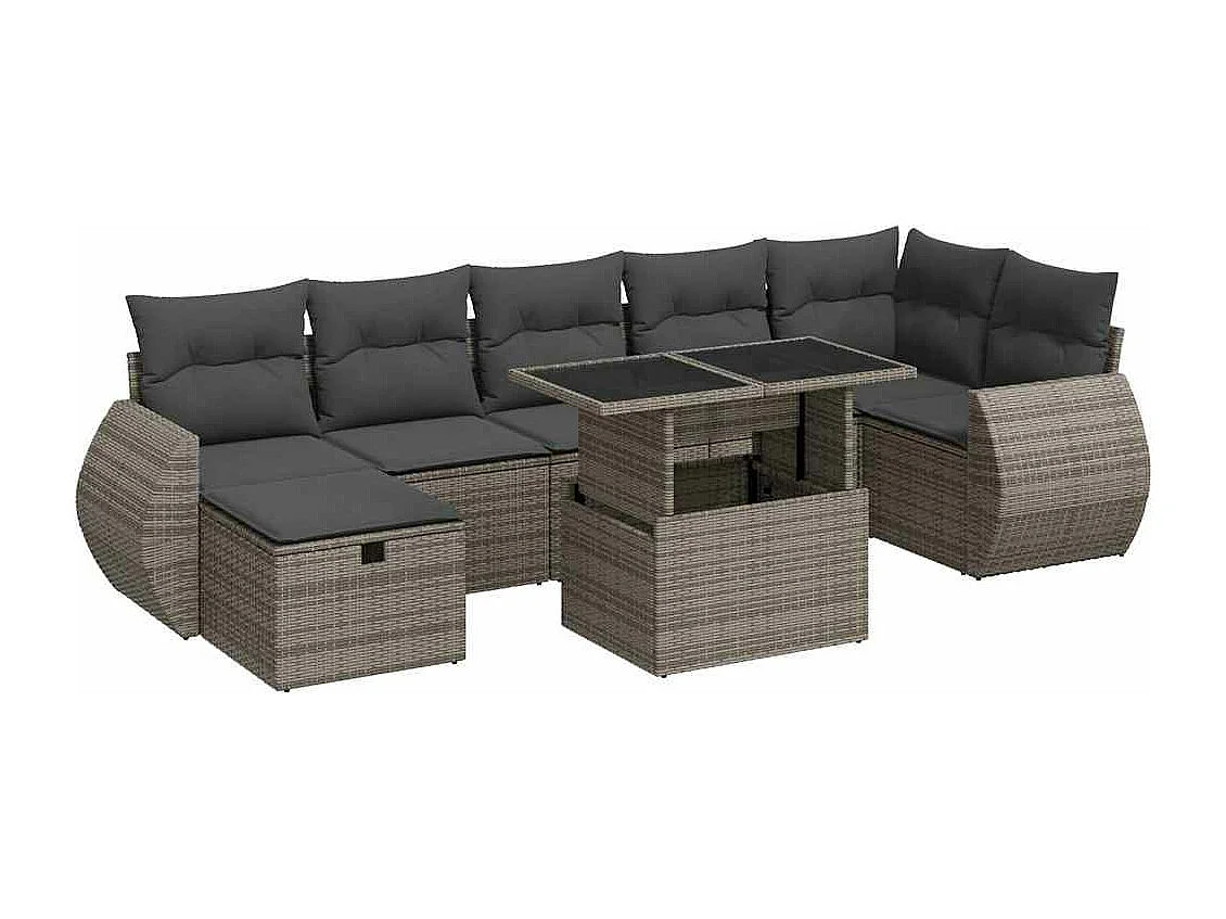 Salon de jardin 8 pièces avec coussins gris résine tressée