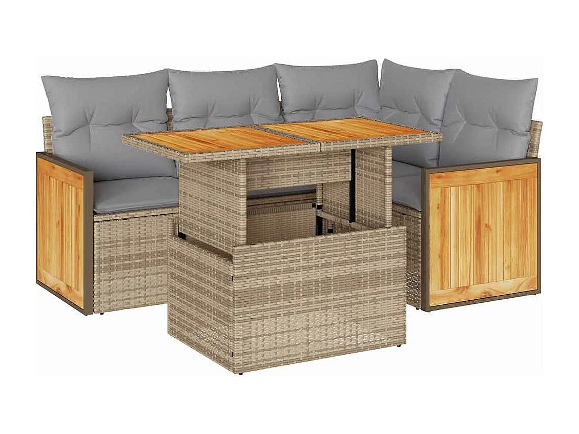 5-delige Loungeset met kussens poly rattan en acaciahout beige