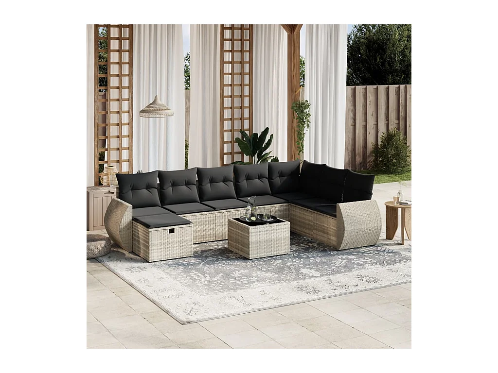 Salon de jardin 9 pièces avec coussins gris clair résine tressée