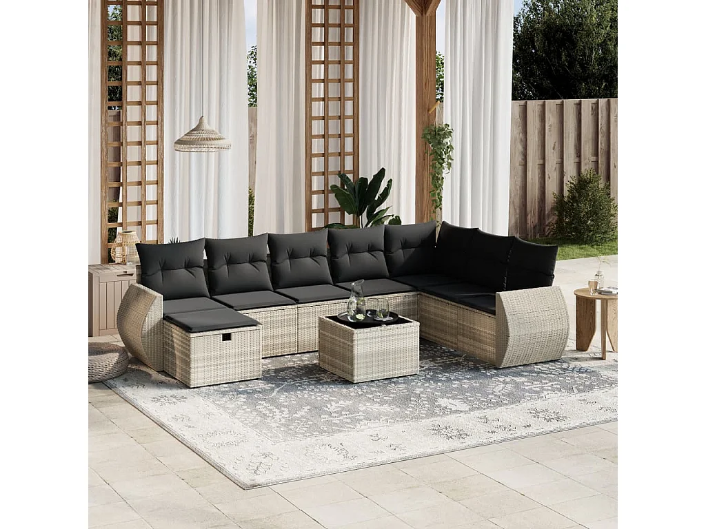 Salon de jardin 9 pièces avec coussins gris clair résine tressée