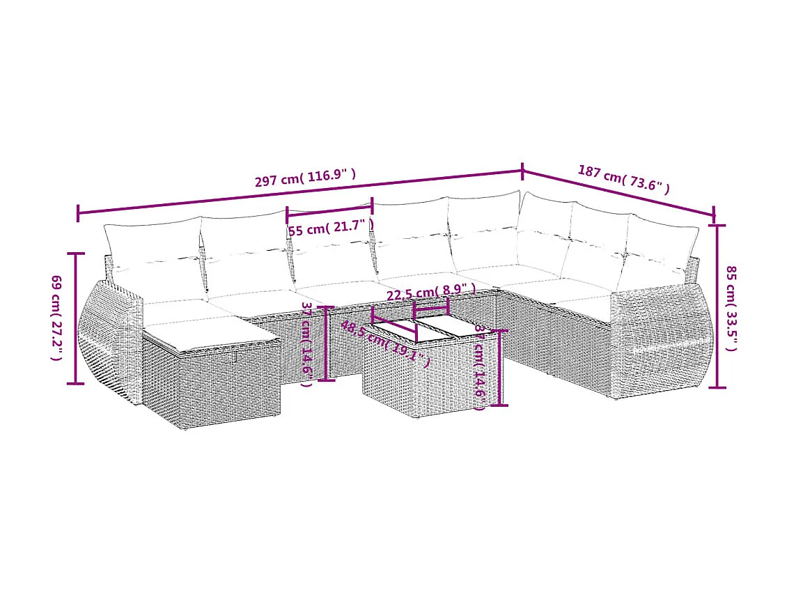 Salon de jardin 9 pièces avec coussins gris clair résine tressée