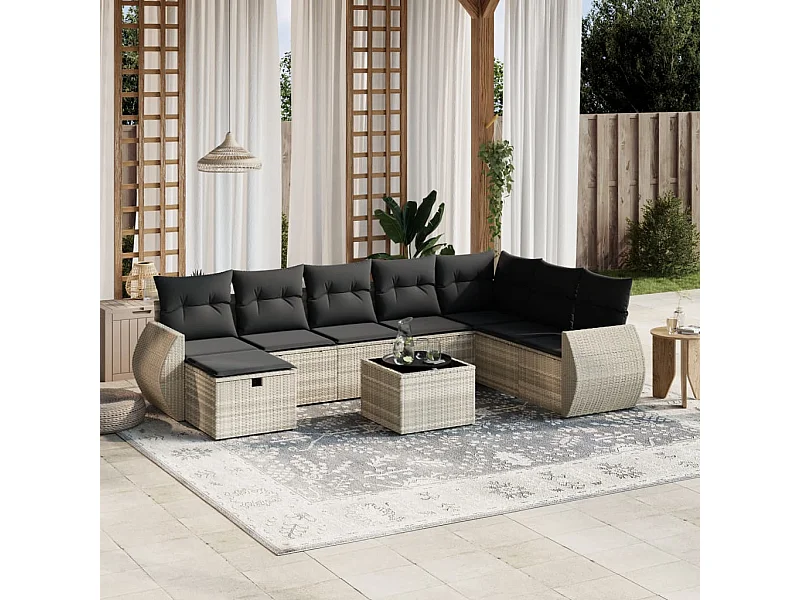 Salon de jardin 9 pièces avec coussins gris clair résine tressée