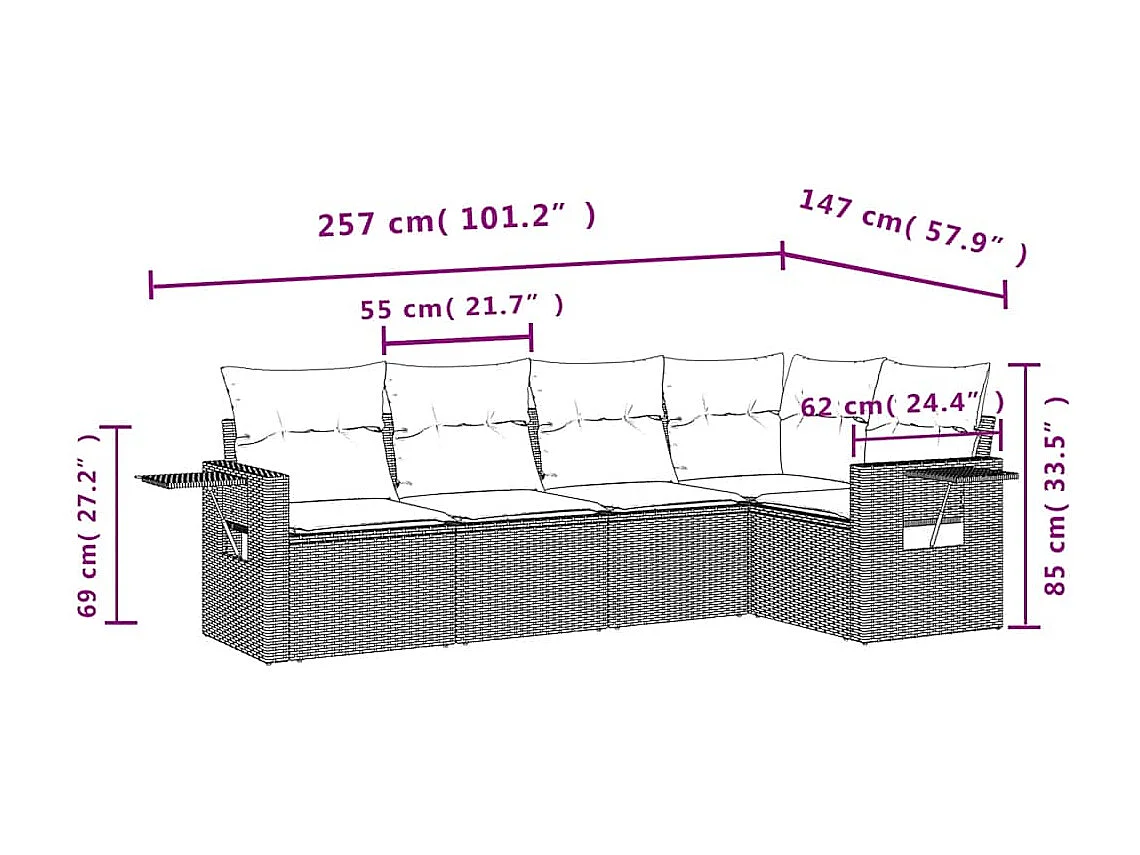 Set de sofás jardín y cojines 5 piezas ratán sintético gris claro