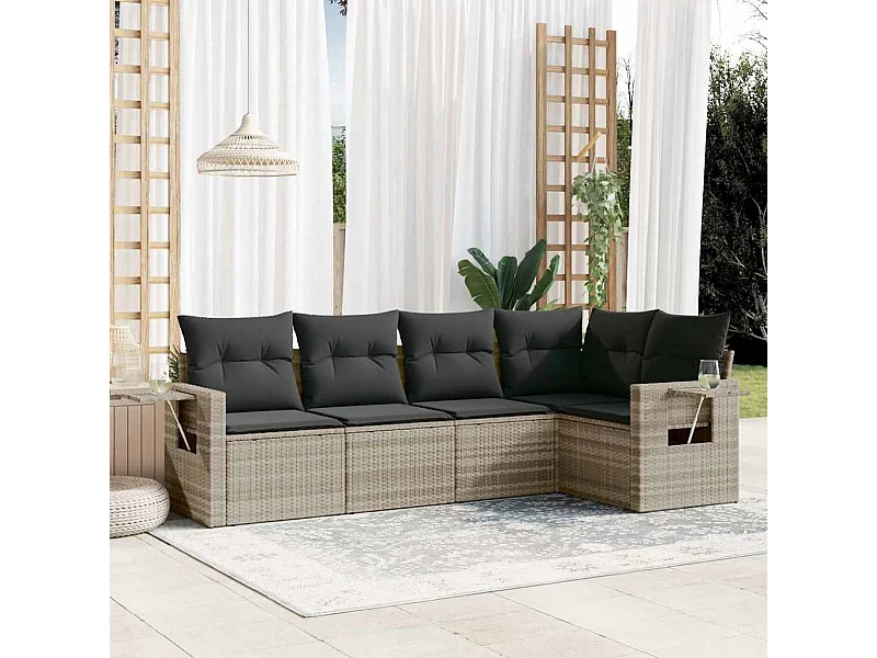 Set de sofás jardín y cojines 5 piezas ratán sintético gris claro