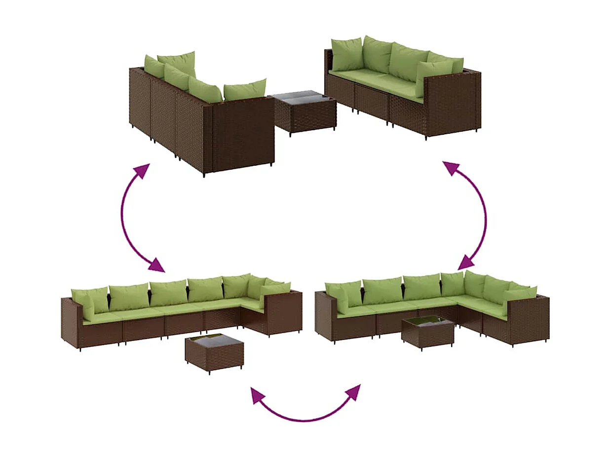 Set muebles de jardín 7 piezas y cojines ratán sintético marrón