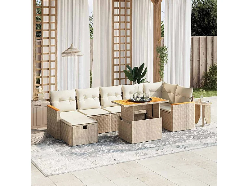 8-delige Loungeset met kussens poly rattan beige