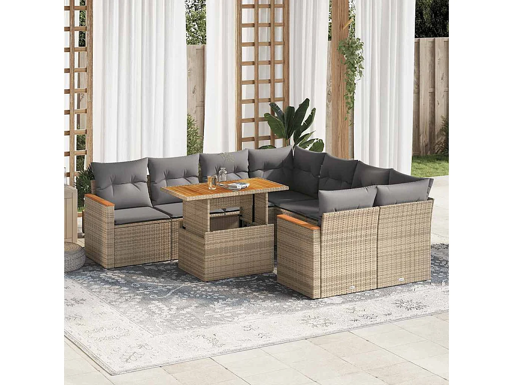 Salon de jardin avec coussins 9 pièces beige résine tressée acacia