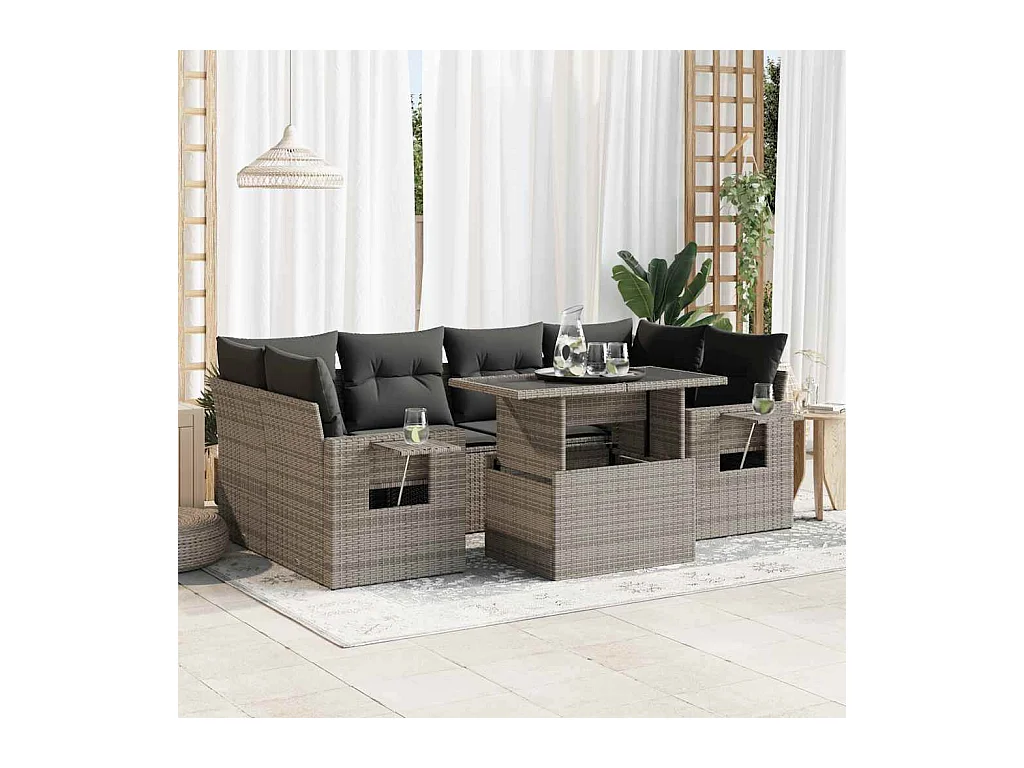 Salon de jardin avec coussins 7 pièces gris résine tressée