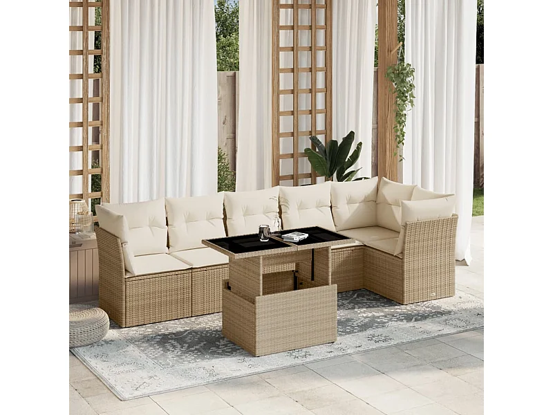 Set sofás de jardín 7 piezas y cojines ratán sintético beige