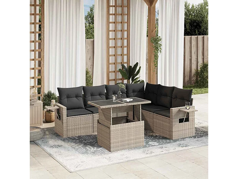 7-delige Loungeset met kussens poly rattan lichtgrijs