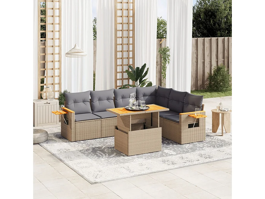 Salon de jardin avec coussins 7 pièces beige résine tressée