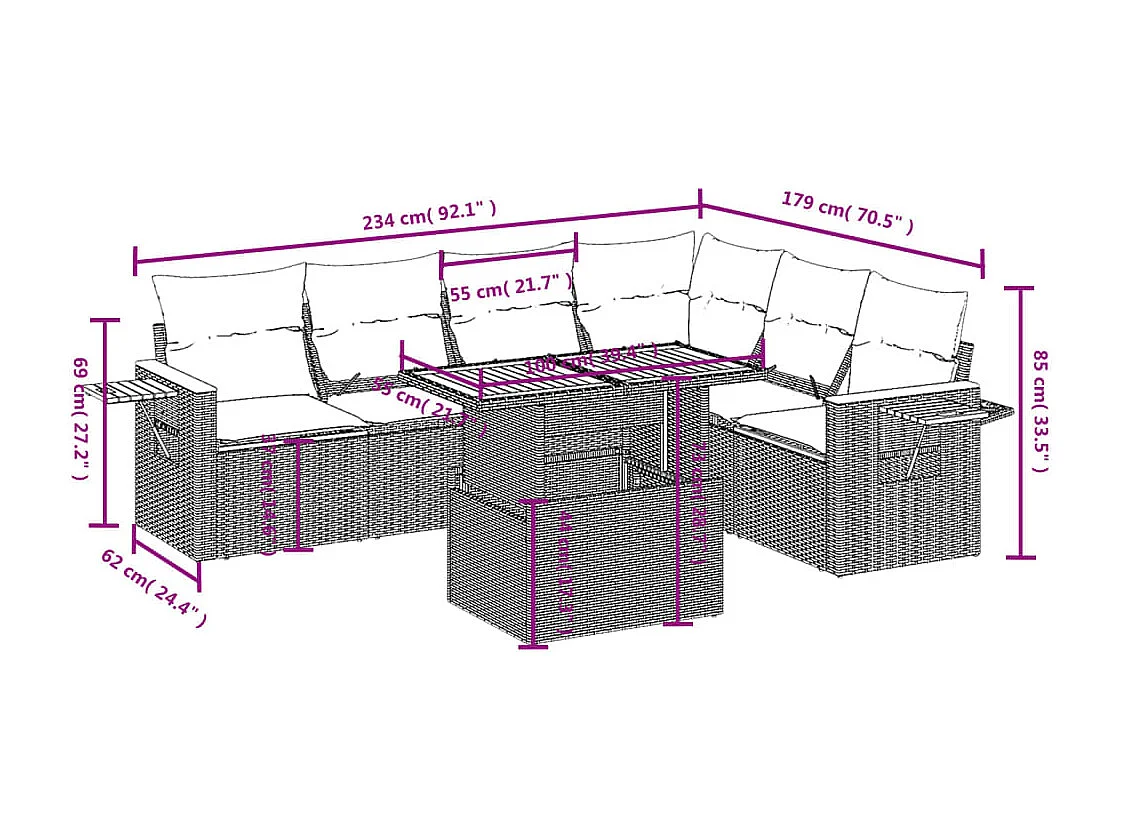 Salon de jardin avec coussins 7 pièces beige résine tressée