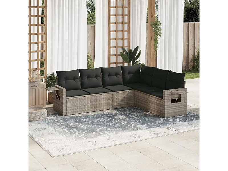 6 peças conj. sofás jardim com almofadões vime PE cinzento-claro