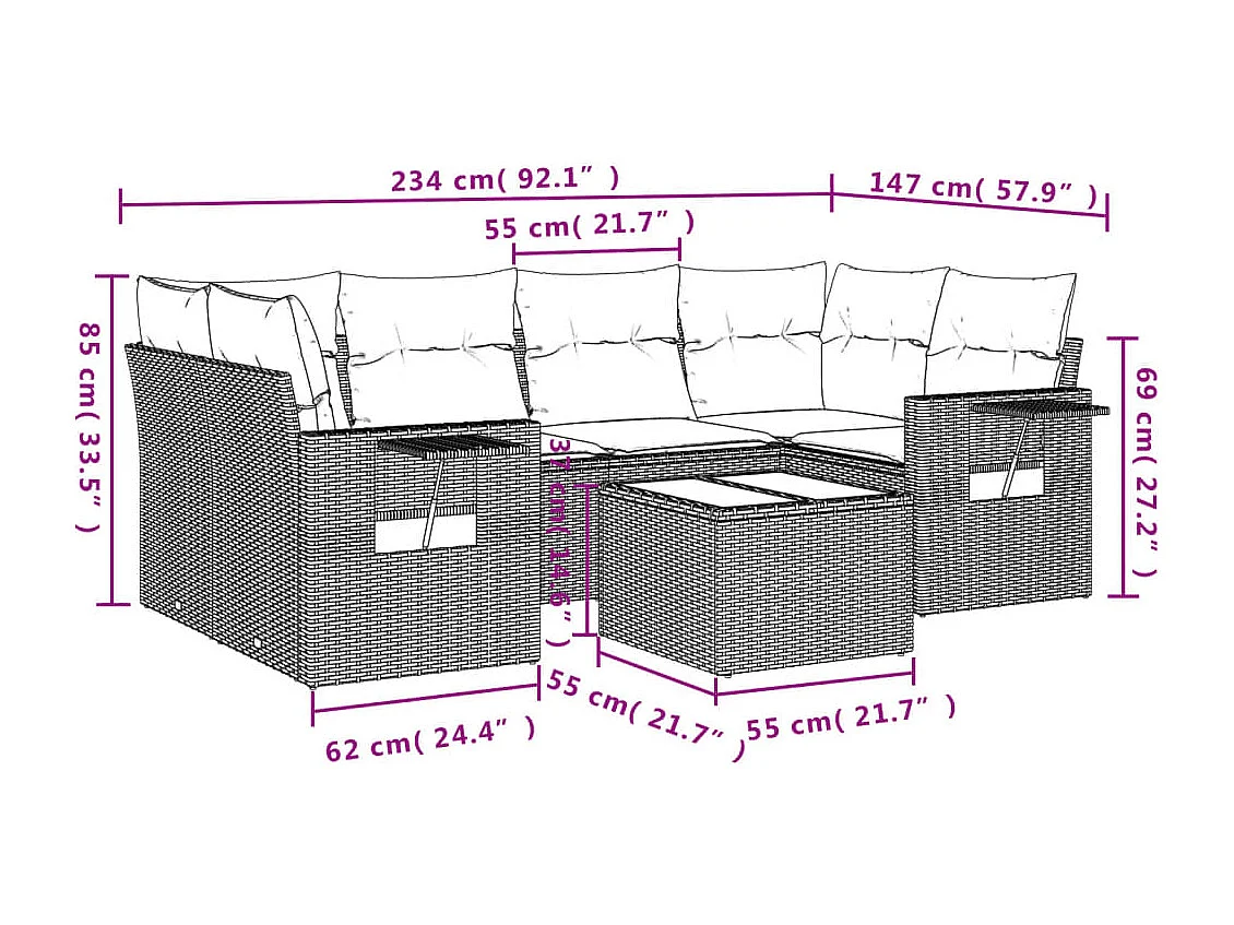 Set de sofás de jardín 7 piezas con cojines ratán PE gris claro