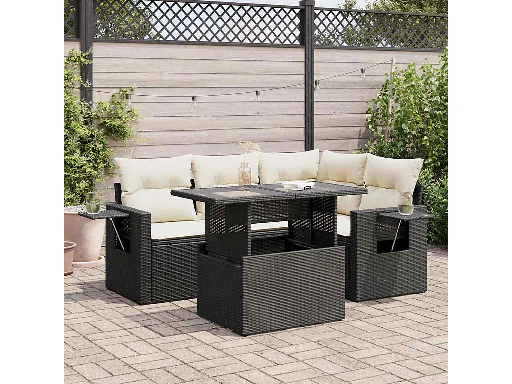 Salon de jardin 5 pièces avec coussins noir résine tressée