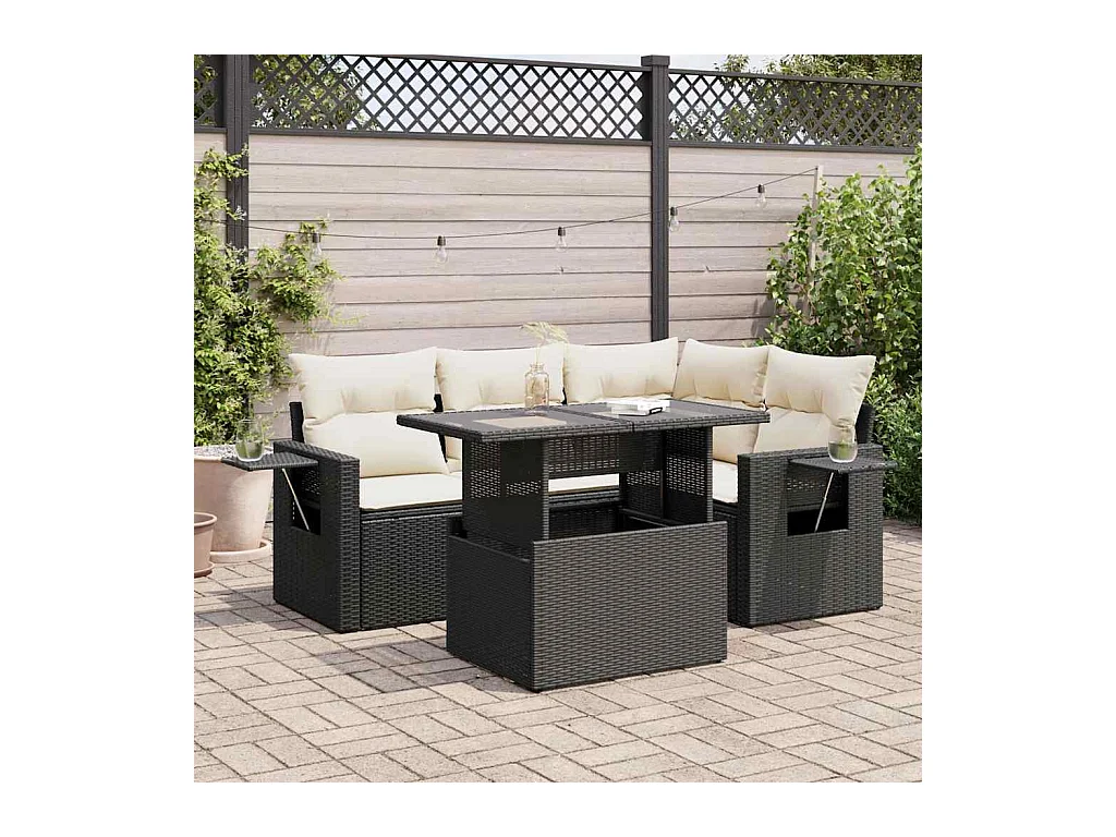 5-delige Loungeset met kussens poly rattan zwart