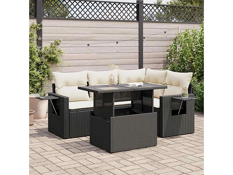 Salon de jardin 5 pièces avec coussins noir résine tressée