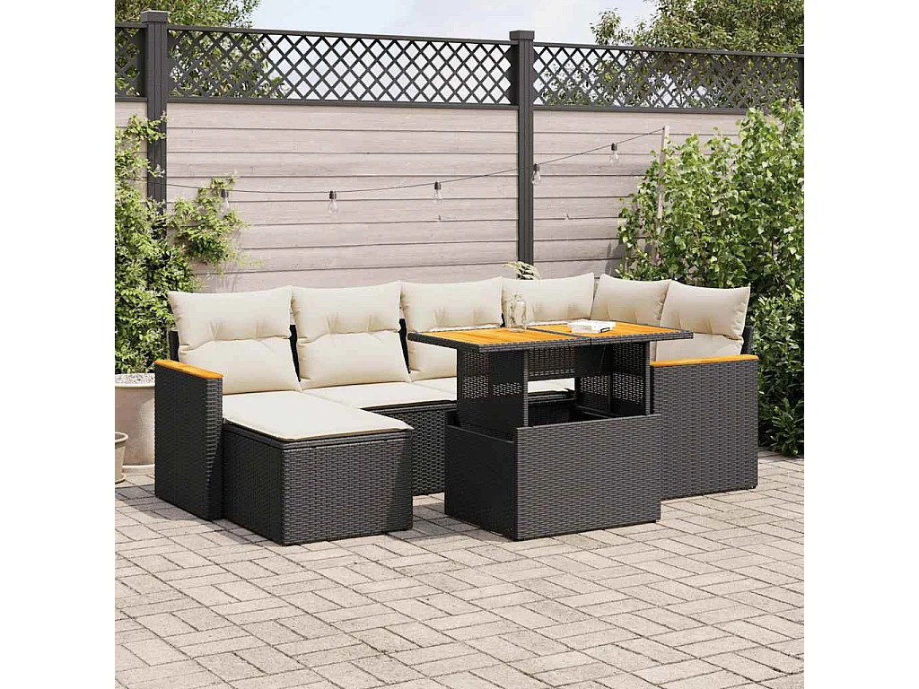 7-delige Loungeset met kussens poly rattan acacia zwart