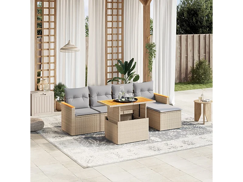 6-delige Loungeset met kussens poly rattan beige