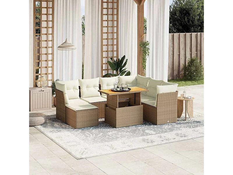 Salon de jardin avec coussins 8 pièces beige résine tressée