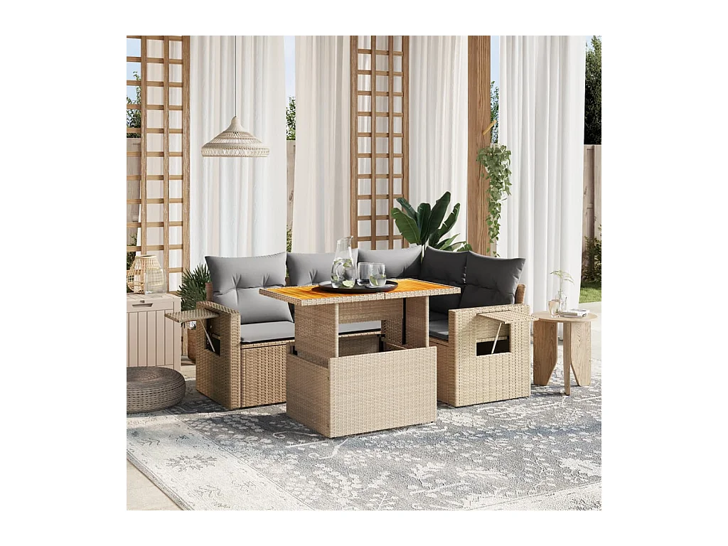Salon de jardin avec coussins 5 pièces beige résine tressée