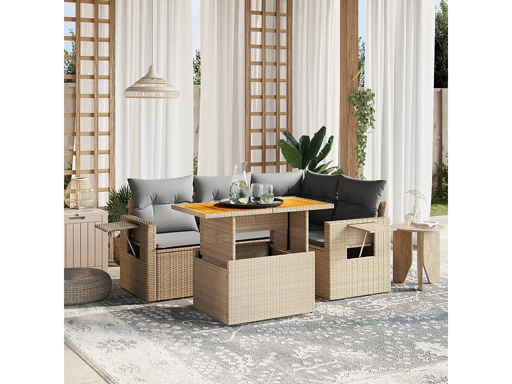 Salon de jardin avec coussins 5 pièces beige résine tressée