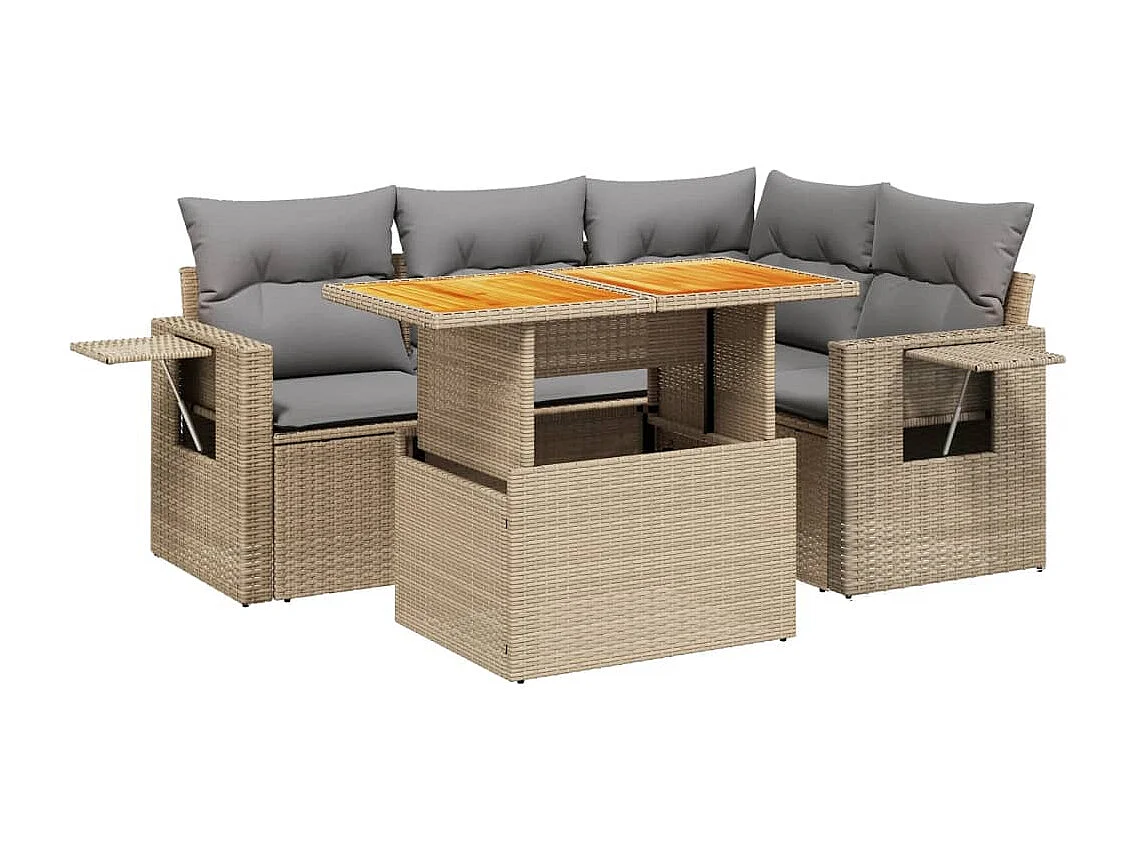 Salon de jardin avec coussins 5 pièces beige résine tressée