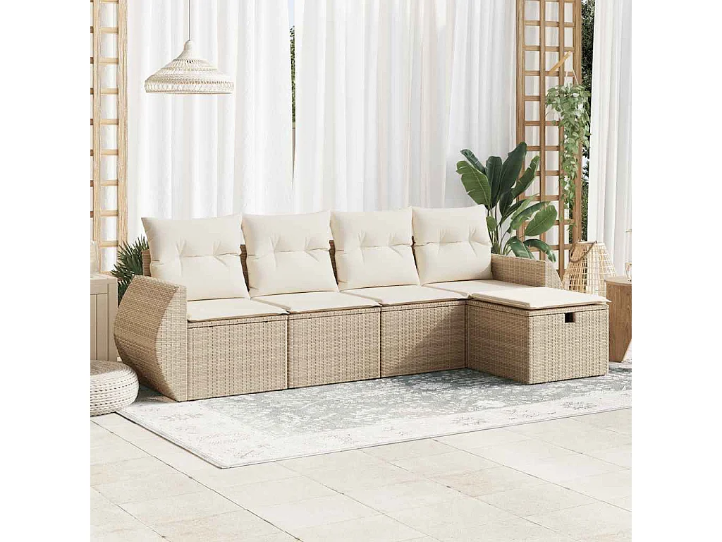 Salon de jardin avec coussins 5 pièces beige résine tressée