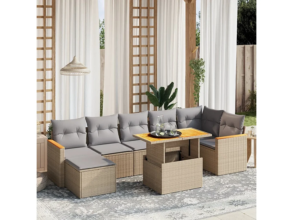8-delige Loungeset met kussens poly rattan beige