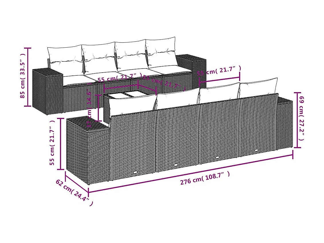 9-delige Loungeset met kussens poly rattan bruin
