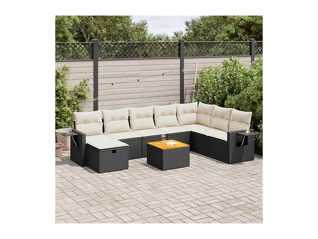 9-delige Loungeset met kussens poly rattan zwart
