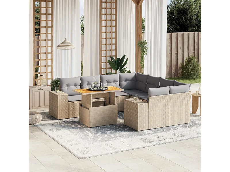 Set de sofás de jardín 9 piezas con cojines ratán sintético beige