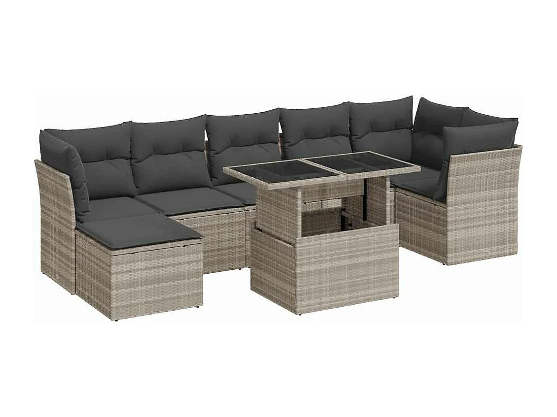 Set de sofás de jardín 8 piezas y cojines ratán sintético gris