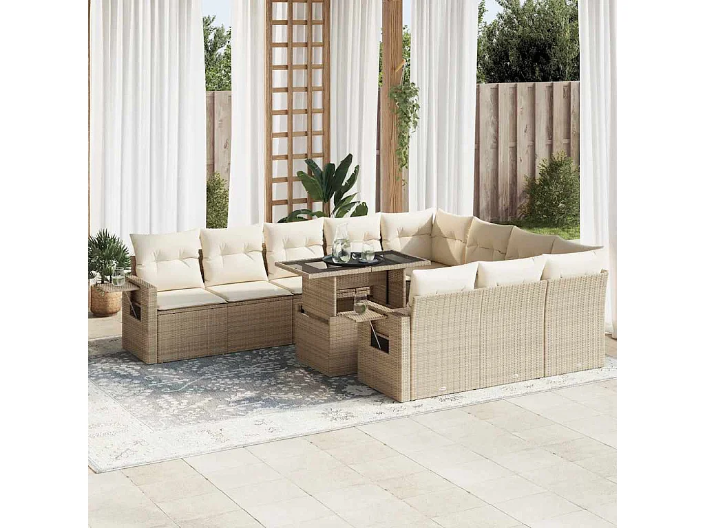 Set de sofás de jardín 11 piezas con cojines ratán sintético beige