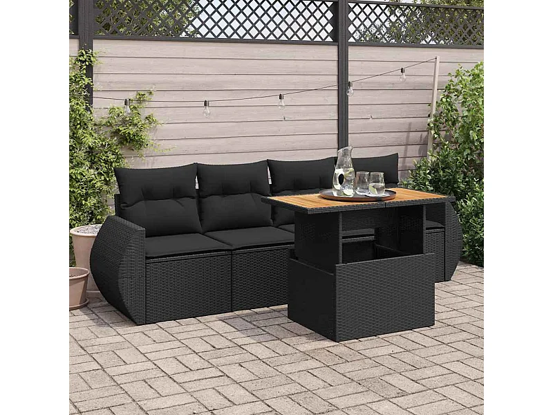 5-delige Loungeset met kussens poly rattan zwart