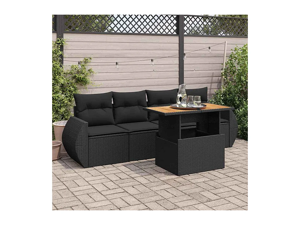 Salon de jardin 5 pièces avec coussins noir résine tressée