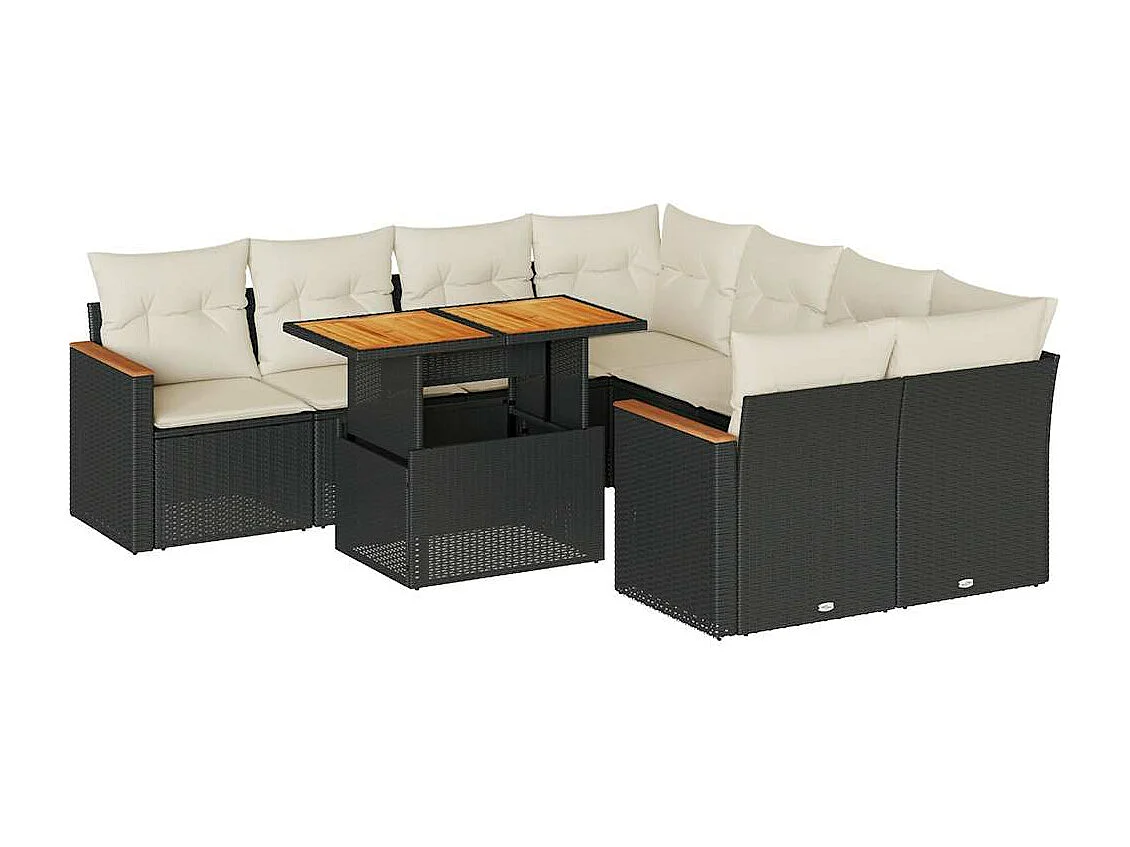 Salon de jardin avec coussins 9 pièces noir résine tressée acacia