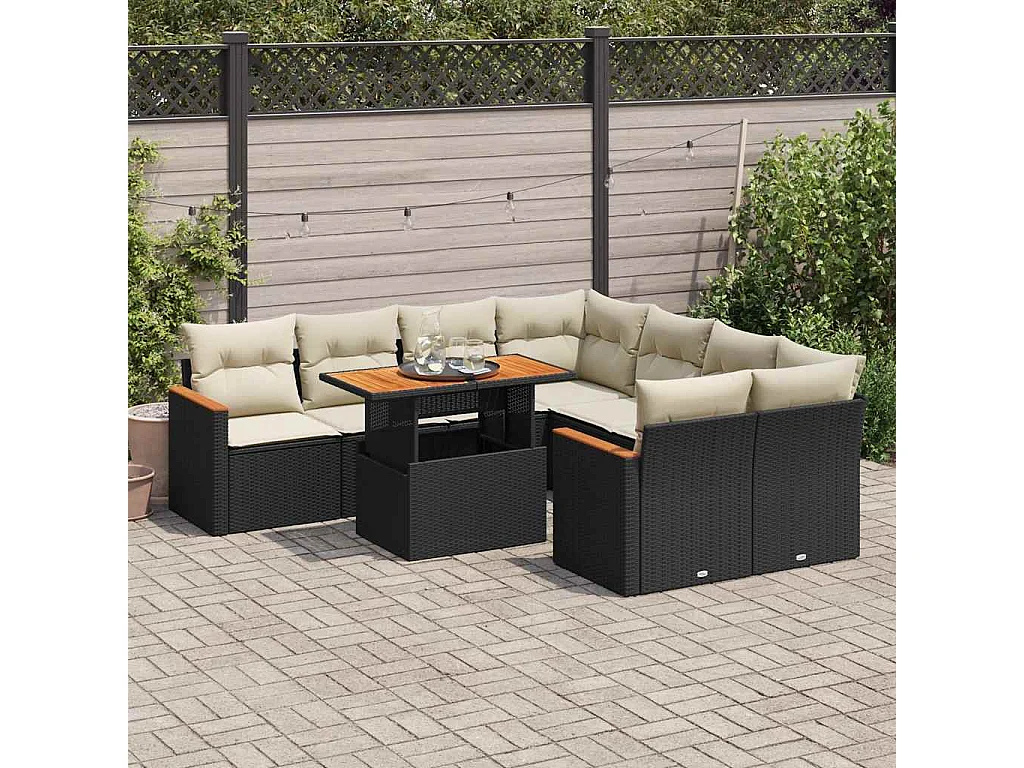 9 peças conjunto sofás para jardim almofadões vime PE/acácia preto