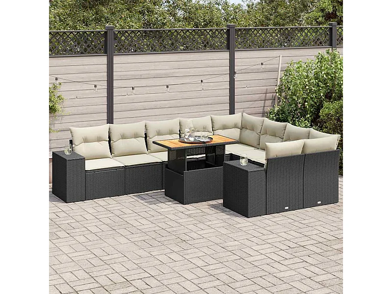 Salon de jardin 10 pièces avec coussins noir résine tressée acacia
