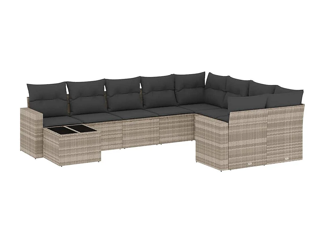 10 peças conj. sofás jardim com almofadões vime PE cinzento-claro