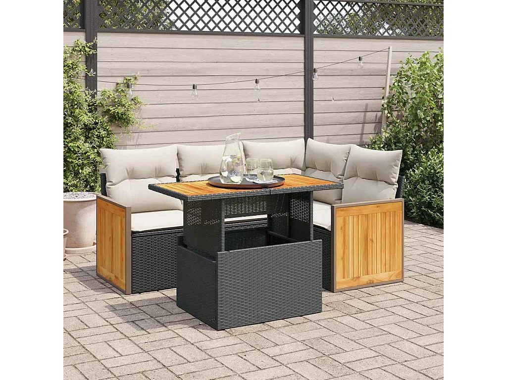 5-delige Loungeset met kussens poly rattan acacia zwart