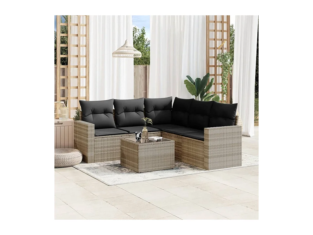 6-delige Loungeset met kussens poly rattan lichtgrijs