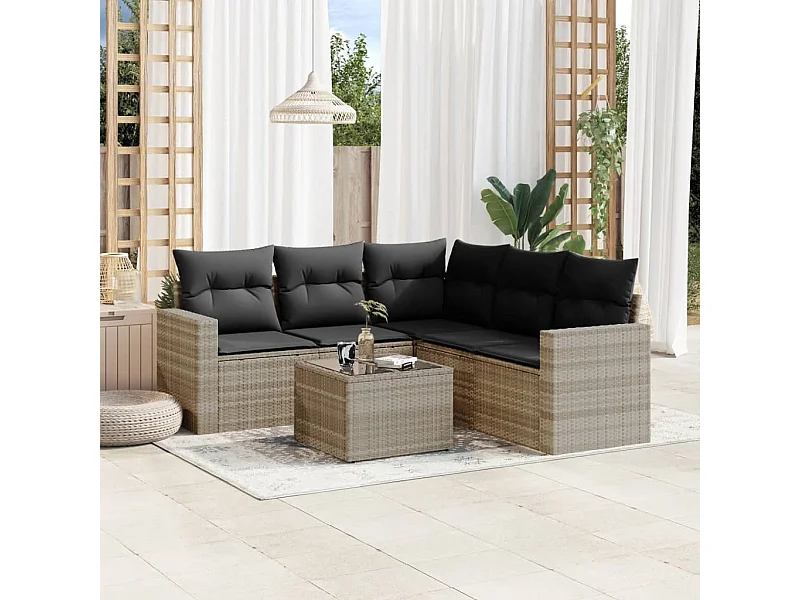 Set de sofás de jardín 6 piezas y cojines ratán sintético gris