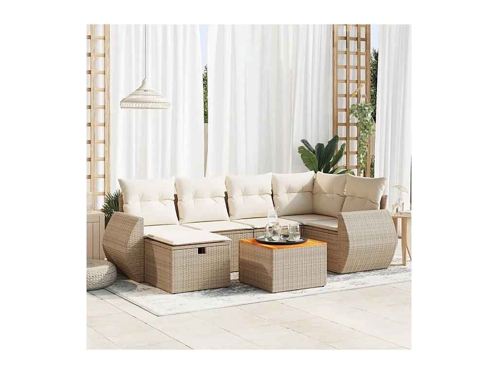 7-delige Loungeset met kussens poly rattan beige